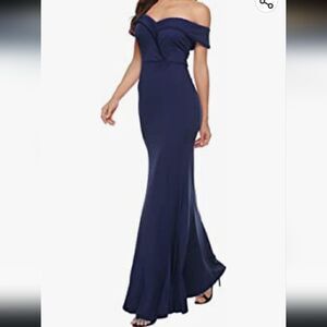 JARLO‎ London Navy Cold Shoulder Mermaid Maxi Dress Lace Accent Size 8, NWT
